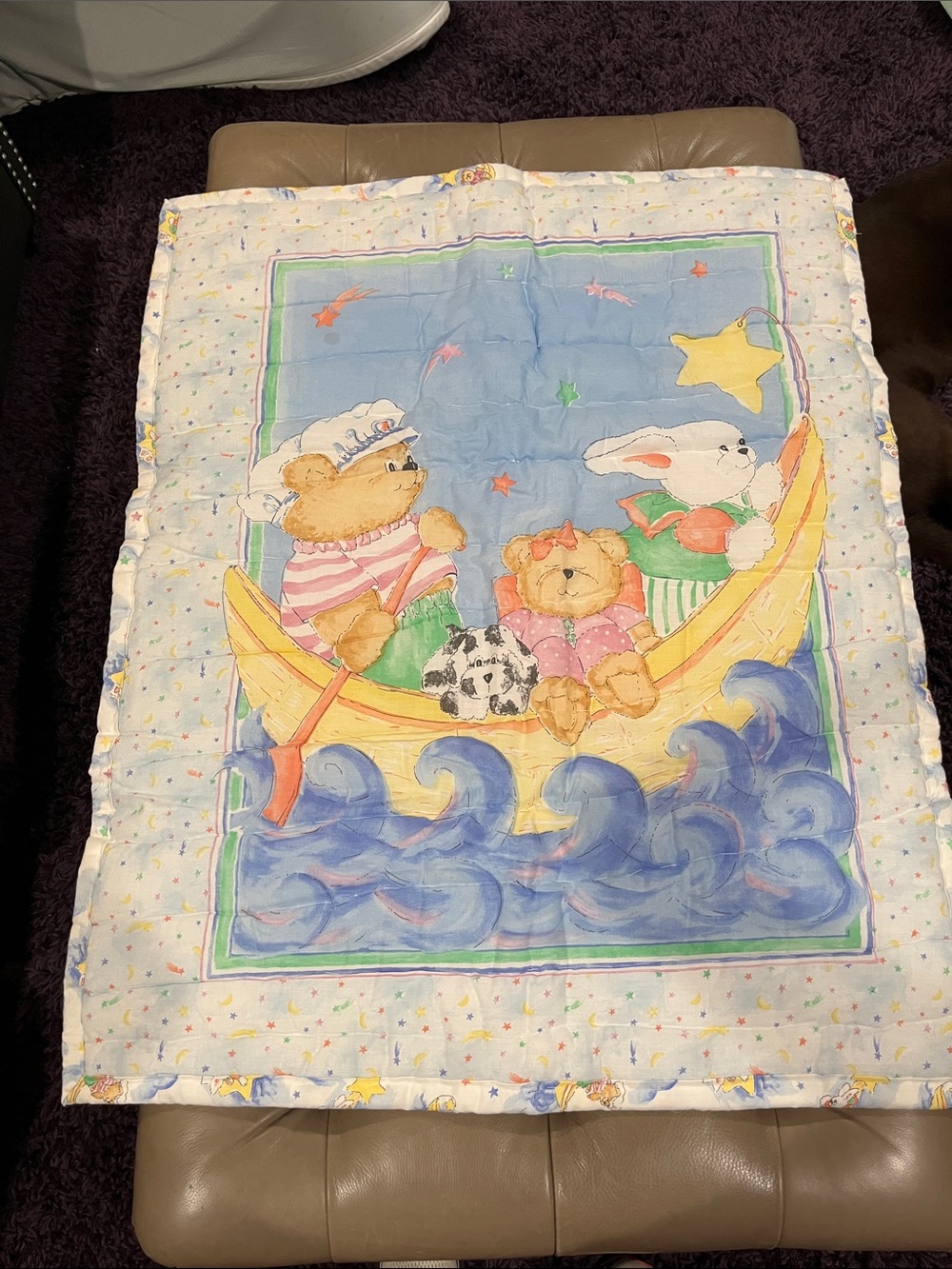 Cute Nursery Quilt with Bear & Bunny Boat - Pastel Blue, Yellow, Pink